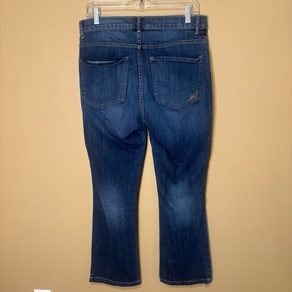 Express Bell Crop Flare Jeans Size 10 High Rise Dark Wash Distressed boho - Picture 2 of 4